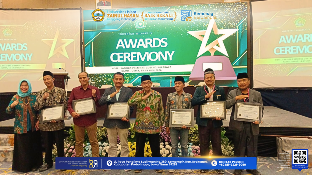 UNZAH Genggong meraih penghargaan AMI Terbaik Tingkat Universitas 2025 pada Kopertais Wilayah IV Award 2026 di Jawa Timur.